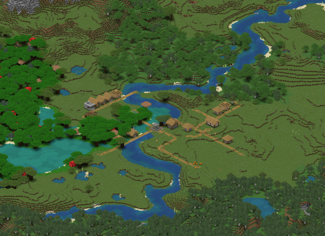 Rendered Minecraft map, focused on a village with a river running through the centre